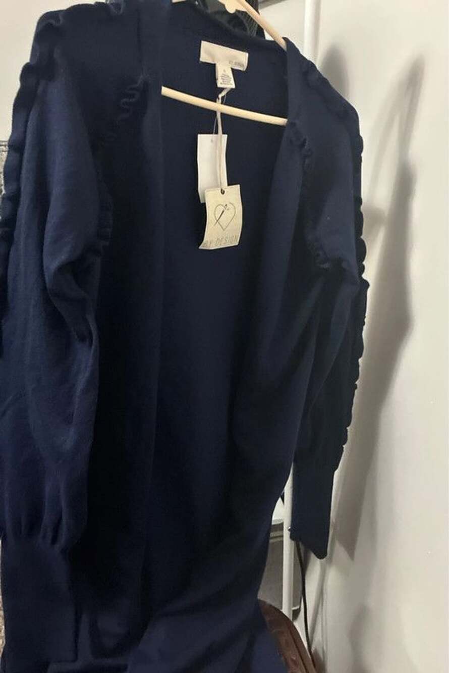 Women’s small nwt by design Nordstrom long ruffled peacoat cardigan navy blue